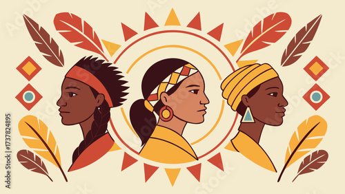 Three indigenous women's profiles are displayed with tribal decorations in earth tones
