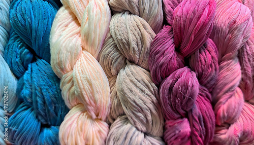 Colorful Braided Threads Textile Art Soft Texture Vibrant Pink Blue Cream Beige Yarns Craft Material