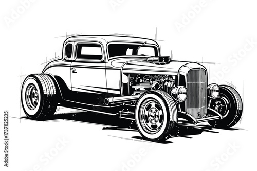 Vector art of detailed black and white illustration of a classic hot rod car, , showcasing its iconic design and powerful engine, perfect for automotive enthusiasts