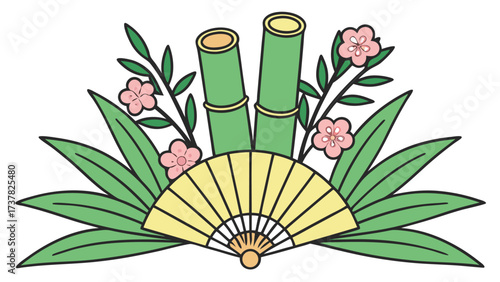 Japanese bamboo shoots stand with plum blossoms behind a pale yellow hand fan and leaves