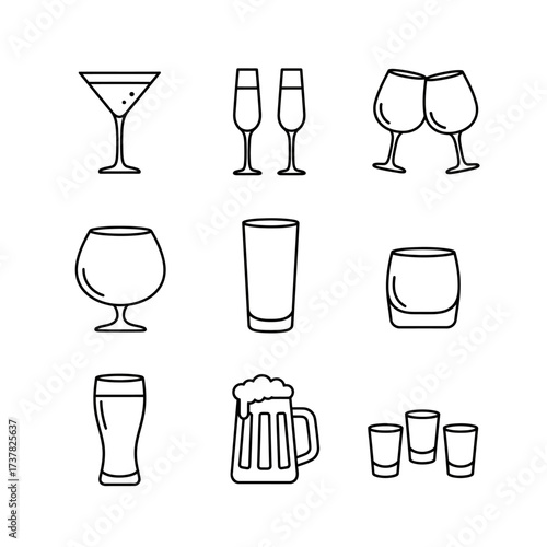 Line art illustration of various types of drinking glasses on a white background in a grid pattern