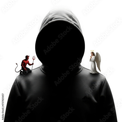 A person in a dark hoodie with an angel on one shoulder and a devil on the other, isolated on transparent background