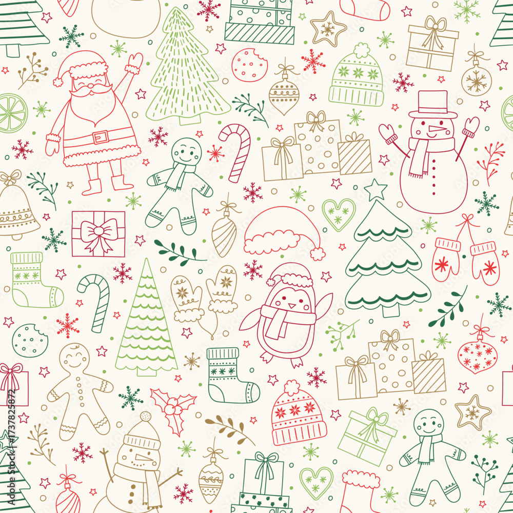 Fototapeta premium Colourful Christmas seamless pattern with cartoon characters and ornaments. Vector illustration