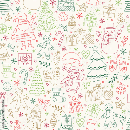 Colourful Christmas seamless pattern with cartoon characters and ornaments. Vector illustration