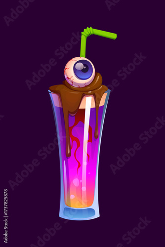Halloween holiday cocktail with scary eye of dead zombie, cartoon vector. Halloween horror night spooky cocktail drink glass or magic potion with eyeball in chocolate for trick or treat party