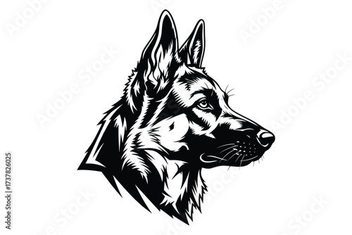 Vector art of a striking black and white vector illustration showcases the noble head of a german shepherd, , capturing its alert expression and distinctive features