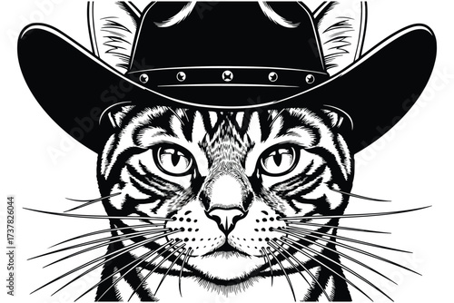 Vector art of a captivating black and white vector illustration features a cat wearing a cowboy hat, , blending feline charm with a touch of wild west flair