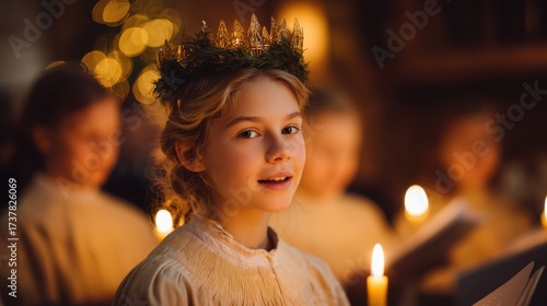 A teenage Scandinavian girl with a calm expression sings a hymn, wearing a Lucia gown and candle crown. The warm golden light flickers around her in the peaceful church setting