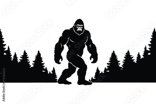 Vector art of a mysterious black and white vector illustration depicts bigfoot walking through a forest, , capturing the elusive creature in its natural habitat