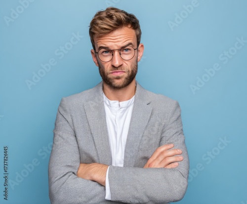 A man in a light gray jacket, arms crossed, displays a neutral expression against a light blue backdrop.