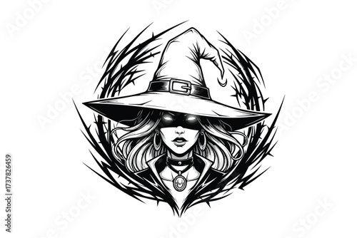 Vector art of a captivating witch with a widebrimmed hat, her eyes hidden in shadow, stands amidst a thorny vortex, creating a mysterious and enchanting