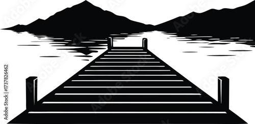 Empty dock set against a serene breathtaking lake vector