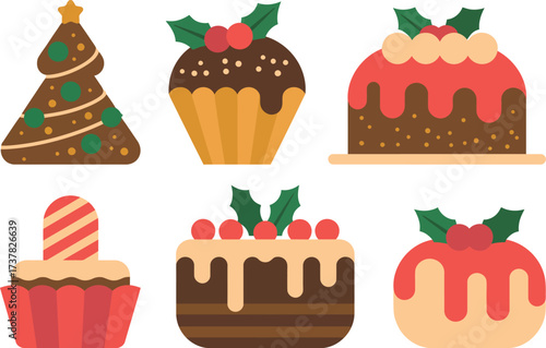 Various christmas desserts including cakes and a christmas tree illustration