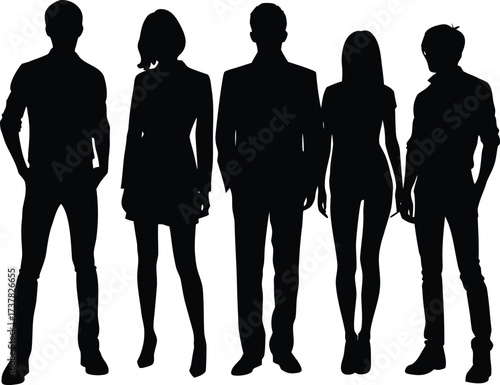  five young adults standing together in a row silhouette vector