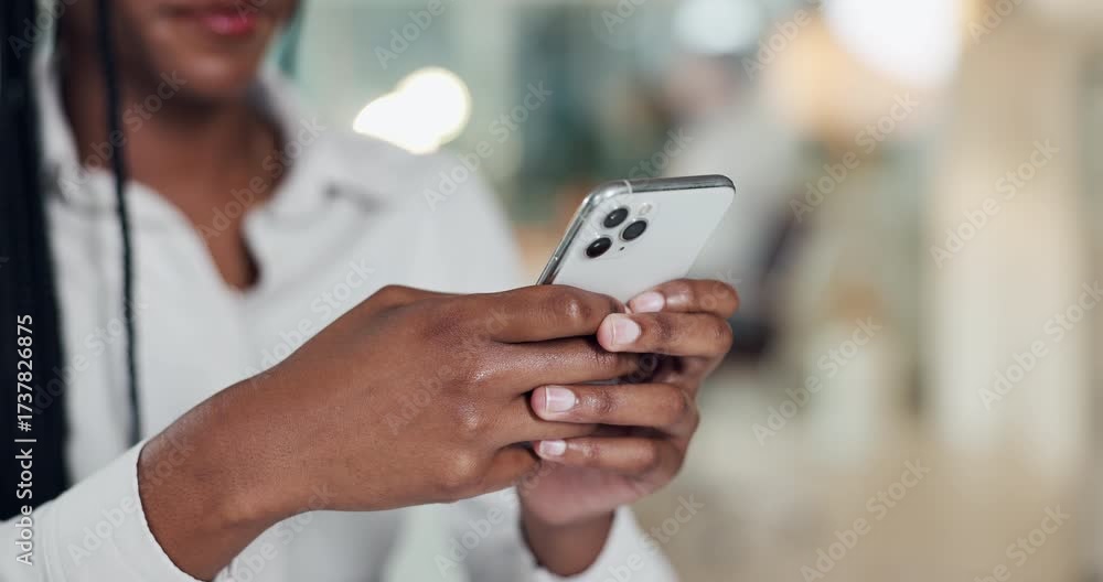 Hands, business woman or browsing with phone in office for social media post, work break or research. Bokeh, happy employee and smartphone at desk for online networking, app download or web scrolling