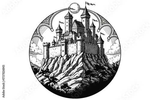 Vector art of an old castle perched atop a hill, surrounded by a circular frame, evoking a sense of history, mystery, and timeless grandeur