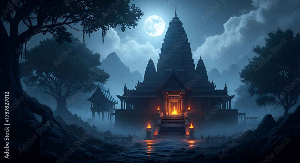 Obraz premium Mystical Night Scene at Temple Maha Shivaratri Atmosphere