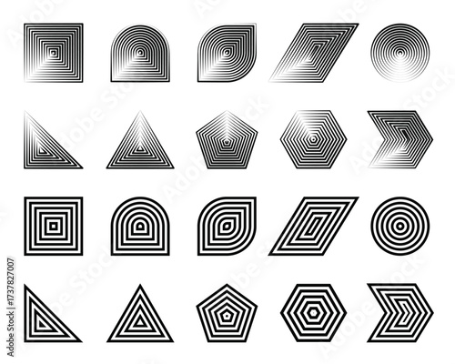 Abstract basic geometric shapes with concentric line patterns – vector illustration.