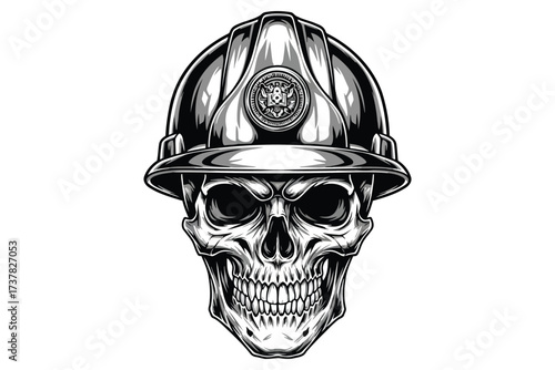Illustration of a skull wearing a firefighter helmet, rendered in a detailed engraving style, symbolizing danger and bravery in monochrome