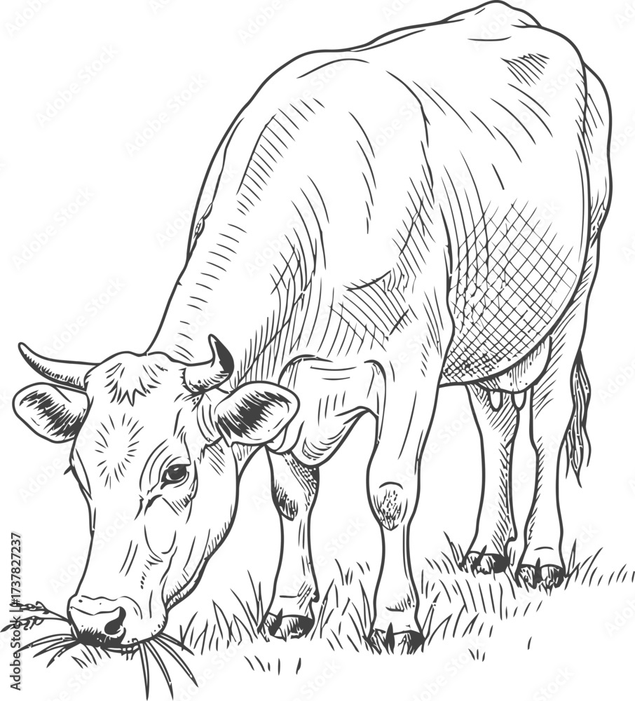 Fototapeta premium Cow grazing on green grass. Farm animal eating pasture. Hand drawn sketch style. Agriculture and livestock concept. Vector illustration for print, dairy product packaging