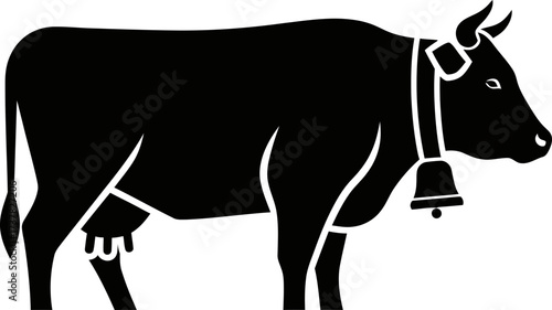 Black cow with udder and bell around its neck standing sideways. Farm animal icon. Livestock silhouette vector illustration for agriculture, food concept.
