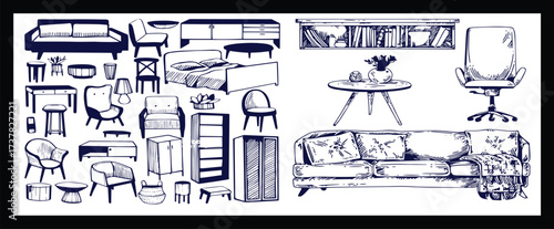 Doodle sketch of living room furniture, hand-drawn in different sizes and types, modern and vintage. Scandinavian furniture Interior elements Boho style. Vector illustration