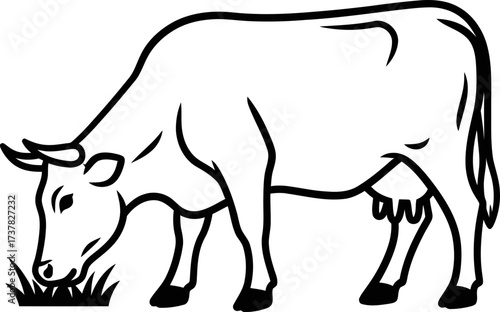 Side view of a cow grazing grass. Domestic animal, cattle, farm animal. Black and white outline contour drawing. Vector illustration
