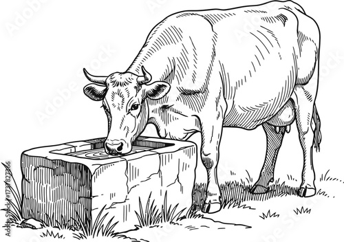 Cow drinking water from a stone trough on a farm. Livestock animal in a pasture. Hand drawn sketch style. Vector illustration for agricultural market, vintage book graphic