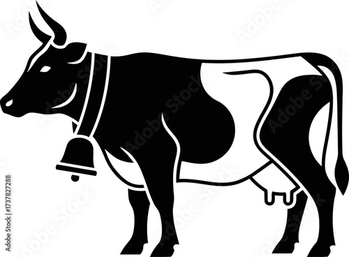 Dairy cow with bell black white silhouette. Farm animal icon for milk farming, agriculture, cattle industry. Vector illustration design