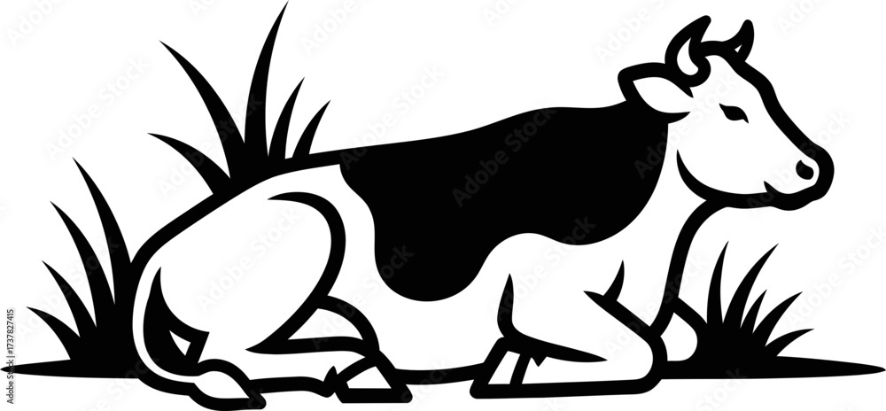 Obraz premium Spotted dairy cow symbol resting in the grass, concept of farming livestock, milk production. Vector illustration for product packaging, sign