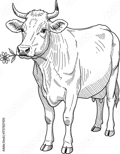 Cartoon cow illustration eating flower. Domestic animal sketch art. Farm cattle concept. Vector drawing for organic food, dairy, poster