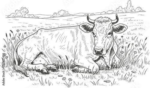 A cow lying in a meadow with flowers and grass. Farm animal, livestock, agriculture. Hand drawn sketch style. Vector illustration for coloring book, banner