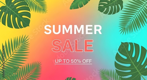 Summer Sale Promotion with Tropical Leaves and Vibrant Gradient Background.