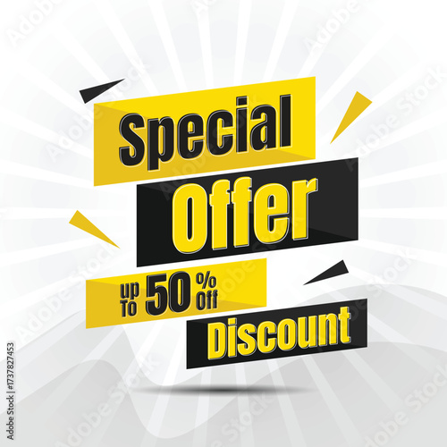 Special Offer upto 50 percent off discount text yellow and black vector illustration, promotion, text, banner, sale, discount, price, big, off, offer,