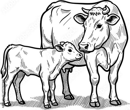 Mother cow and her calf standing together on a farm as a black and white hand drawn vector illustration. Animal family.