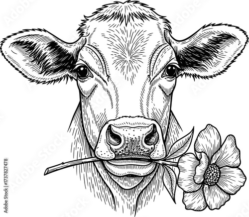 Сow head with flower in mouth. Livestock animal face graphic. Farm pet cattle concept. Hand drawn sketch style. Vector illustration