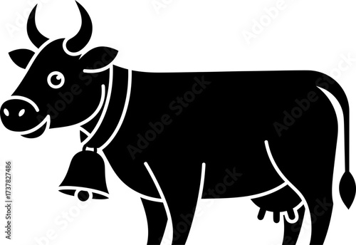Black cow with bell. Farm animal, cattle livestock, agricultural concept. Vector illustration in simple flat glyph style for icon, symbol