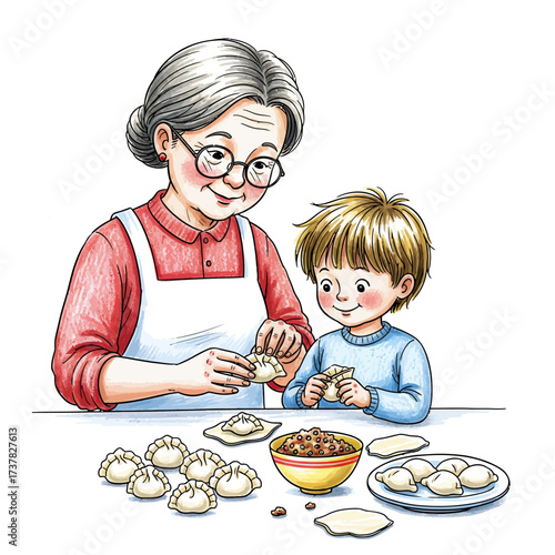 Grandmother Teaches Grandson to Make Dumplings