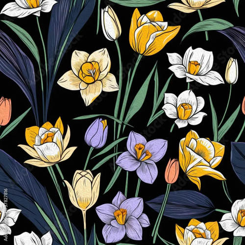 Bottanical pattern . Oil painting . Pattern to print for wall decorations. Spring flowers
