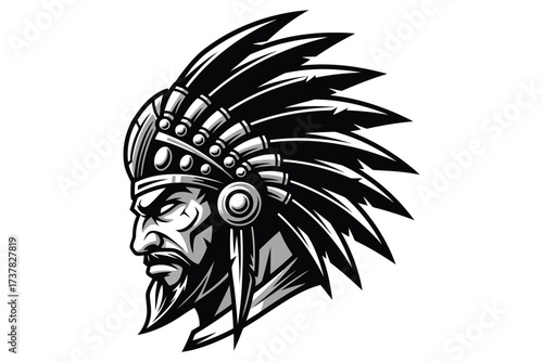 Vector art of a monochrome illustration of a sternlooking native american chief with a traditional headdress, , showcasing intricate details and cultural symbolism