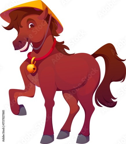 Cartoon Chinese lunar new year horse animal character. Vector brown smiling horse in traditional Asian hat and red collar with gold bell and cheerful expression. Cute zodiac holiday celebration symbol