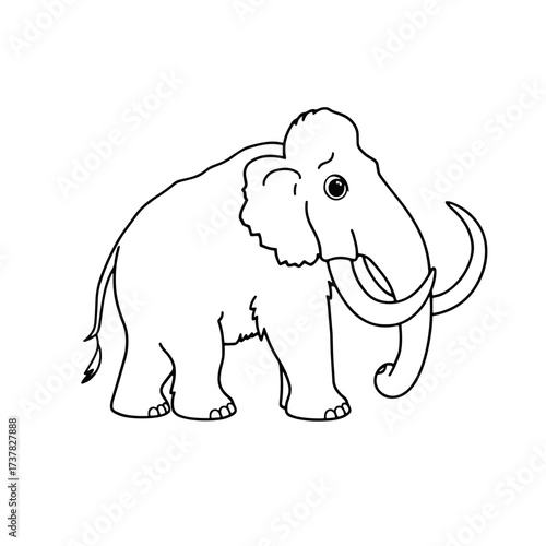 Simple mammoth drawing outlines prehistoric animal with characteristic tusks and shaggy body. Mammoth drawing for educational resources or children's book projects,