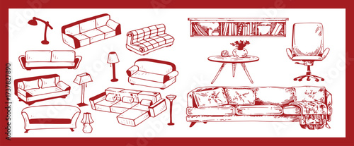 Doodle sketch of living room furniture, hand-drawn in different sizes and types, modern and vintage. Scandinavian furniture Interior elements Boho style. Vector illustration