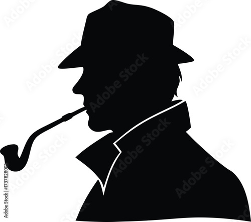 Sherlock Holmes in profile view with deerstalker hat, coat, and pipe, minimalist detective silhouette vector