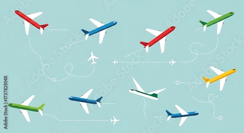 Colorful Airplanes on a Light Blue Background - Travel and Transportation Concept.