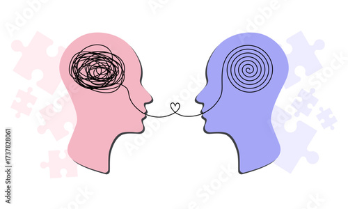 Therapy illustration. Supportive communication transforms messy thoughts into clarity. Two human heads connected with a heart line, symbol of counseling, psychology, empathy and mental health.