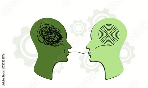 Psychotherapy concept illustration. Conversation transforms tangled thoughts into clarity. Two human profiles connected by line, symbol of counseling, coaching, communication and support.