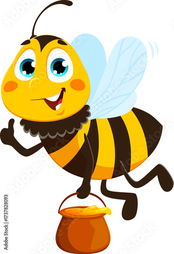 Flying with honey jug bee bug character. Bee insect funny cartoon character, bumblebee animal cheerful vector isolated personage. Honeybee baby happy mascot collecting and carrying honey