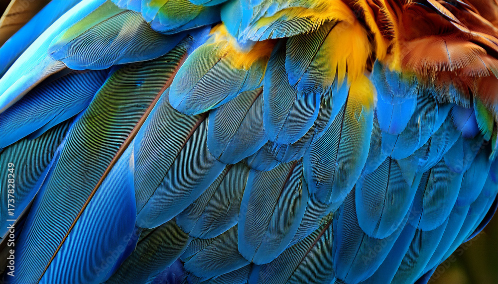 Fototapeta premium Colorful Of Blue And Gold Bird S Feathers Exotic Nature Background And Texture Macaw Feathers Wing Macaw