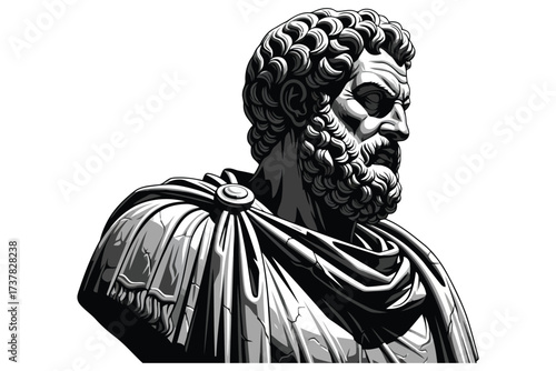 Vector art of, a vector illustration of marcus aurelius bust, showcasing the iconic roman emperors stoic expression and intricate details of his hair and beard